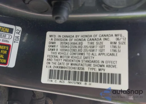 2012 Honda Cr-V Ex-L z USA, uszkodzony, nr VIN 2HKRM4H72CH618206